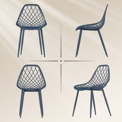 Lot de 4 chaises de salle à manger modernes en plastique avec dossier creux et pieds en métal, bleu