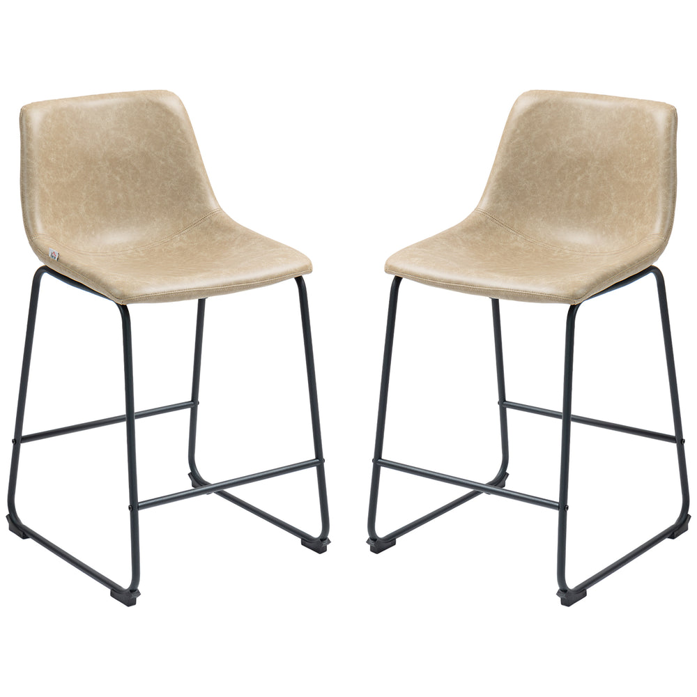 Set of 2 vintage style bar stools in faux leather, beige.