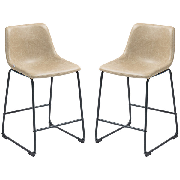 Set of 2 vintage style bar stools in faux leather, beige.