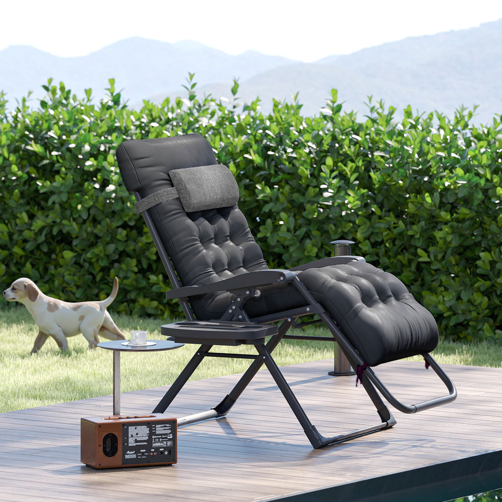 Fauteuil inclinable pliant rembourré avec porte-gobelet, dossier réglable, coussin amovible, noir