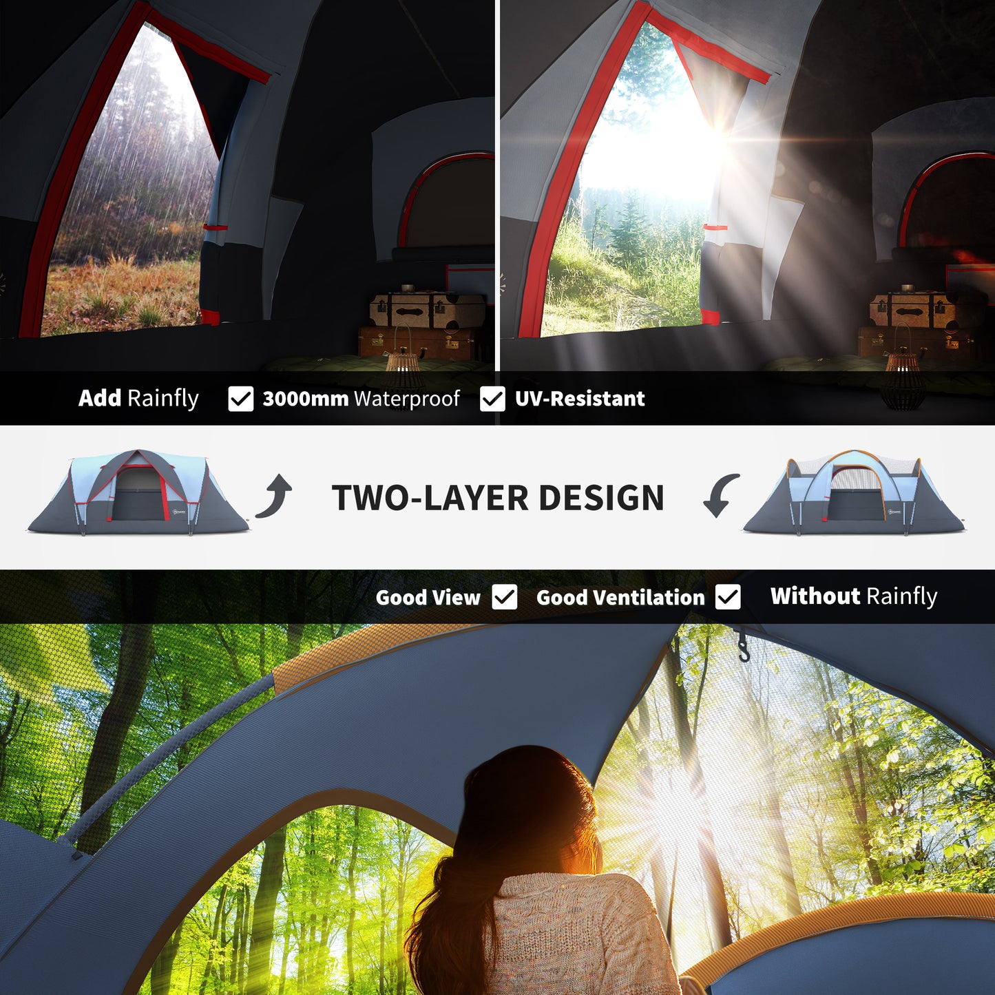 Family Tent for 5-6 Persons, Outdoor Camping Tent with Light Hook, Carry Bag for Camping, Hiking and Travel, Grey