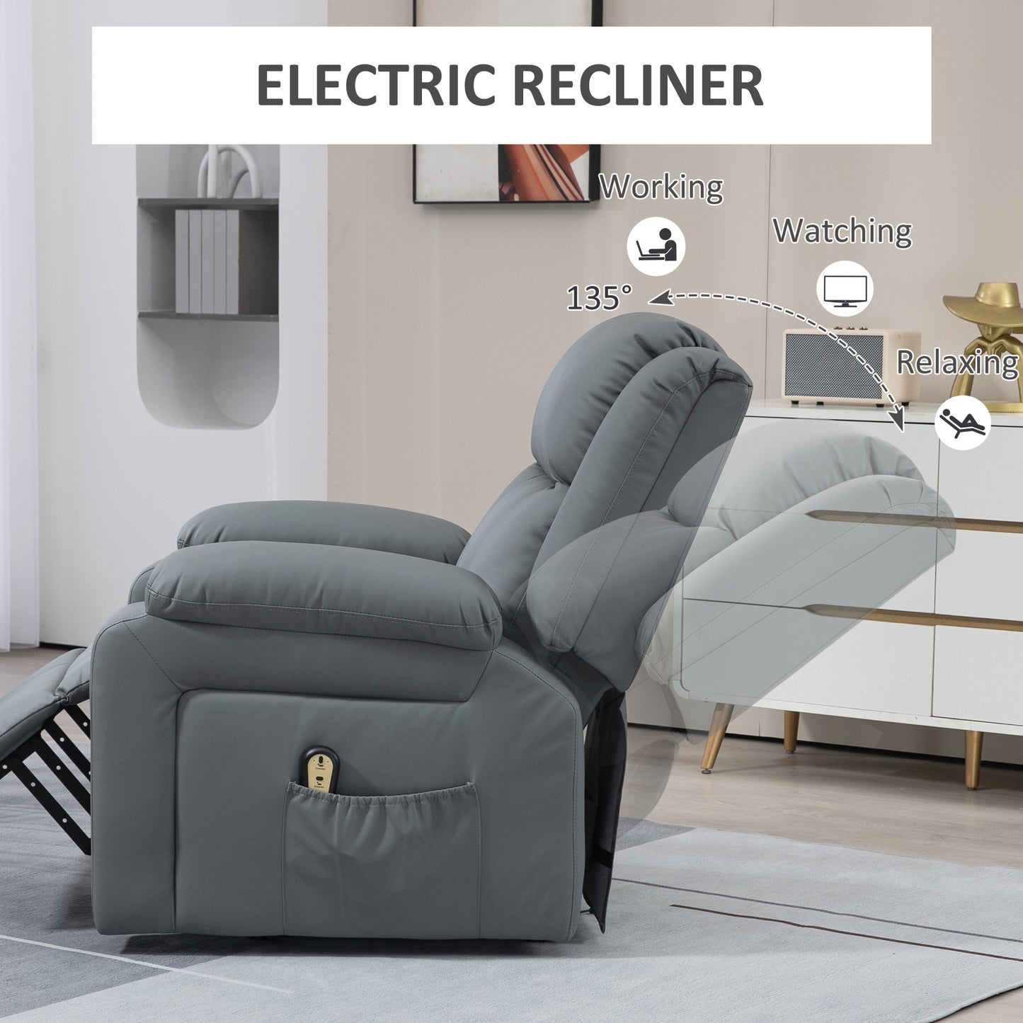 Fauteuil releveur électrique en cuir synthétique avec télécommande, poches latérales, montage rapide, gris