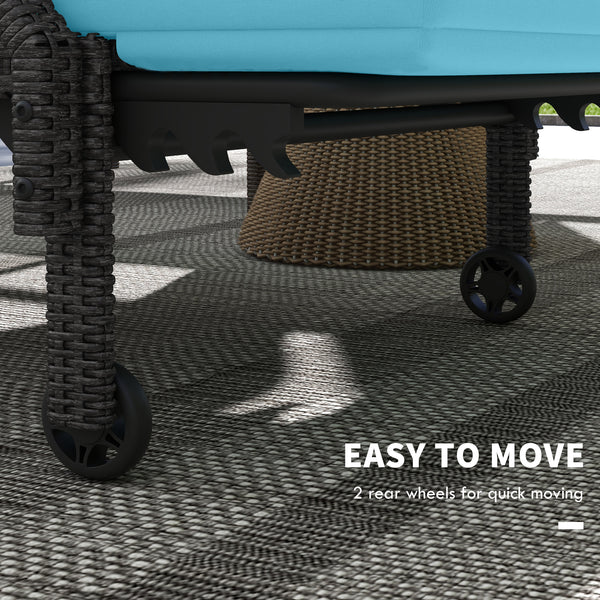 2 PE rattan outdoor lounge chairs with adjustable backrest and 2 wheels, sky blue