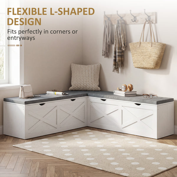 Banc d’entrée modulaire avec 5 rangements cachés et coussins rembourrés – Blanc effet bois