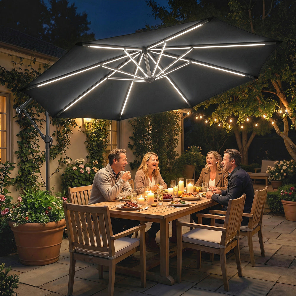 3m Cantilever Parasol with Solar Lighting, 360° Rotation, Tilt and Protective Cover, Black