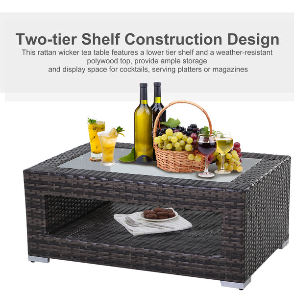 2-Tier Rattan Patio Coffee Table Outdoor Side Table PE Wicker Patio Garden Tea End Desk with Tempered Glass Top & Storage for Balcony, Backyard, Poolside