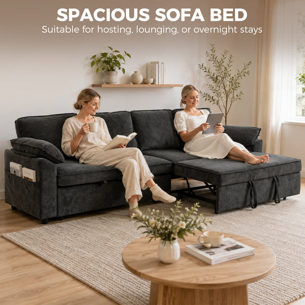 Canapé-lit 4 places en chenille avec double mécanisme coulissant indépendant, gris