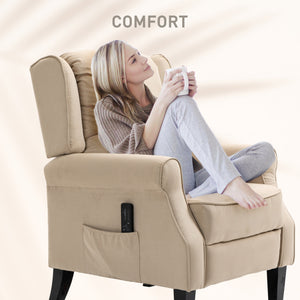 Fauteuil de massage inclinable avec repose-pieds extensible, pieds en bois, télécommande, poches latérales, beige