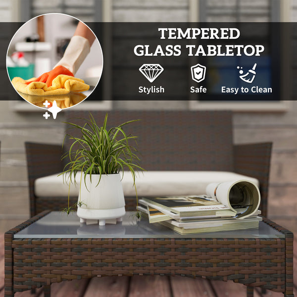 Ensemble de meubles de jardin en osier 4 pièces avec causeuse, chaises et table basse en verre beige