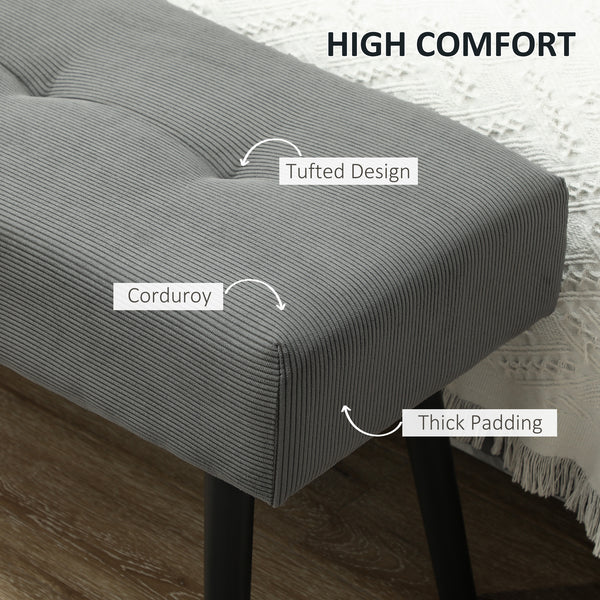Banc ottoman rembourré en velours côtelé avec pieds en acier, gris