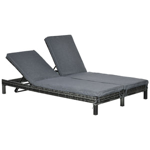 Chaise longue double en osier avec dossier réglable et coussins, noir et gris