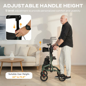 Déambulateur pliable avec siège pour seniors, léger et à roulettes, avec poignées réglables, vert
