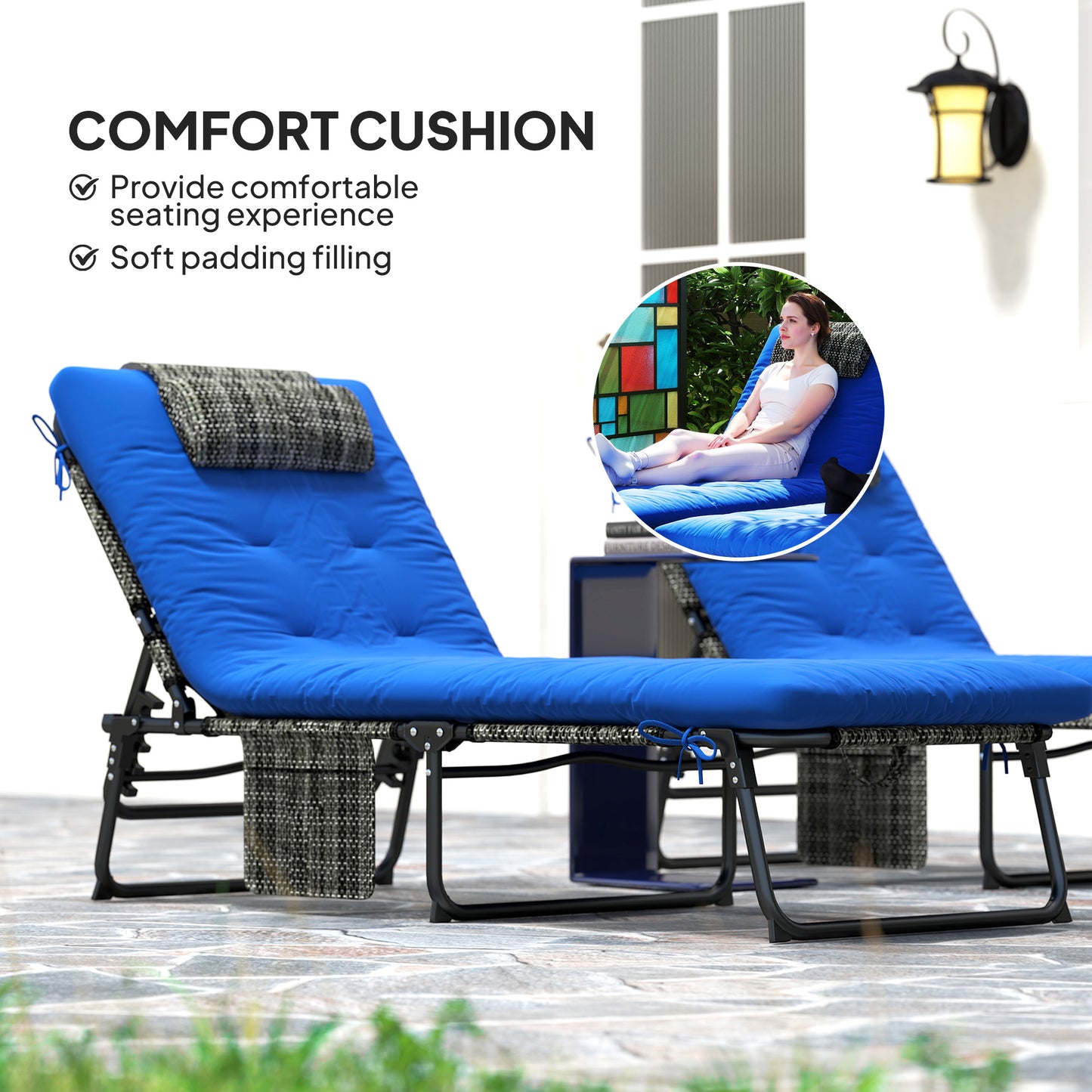 Lot de 2 chaises longues pliantes avec dossier inclinable à 4 niveaux, chaise longue d'extérieur avec coussin, tissu en maille respirante, poche latérale, appui-tête, bleu