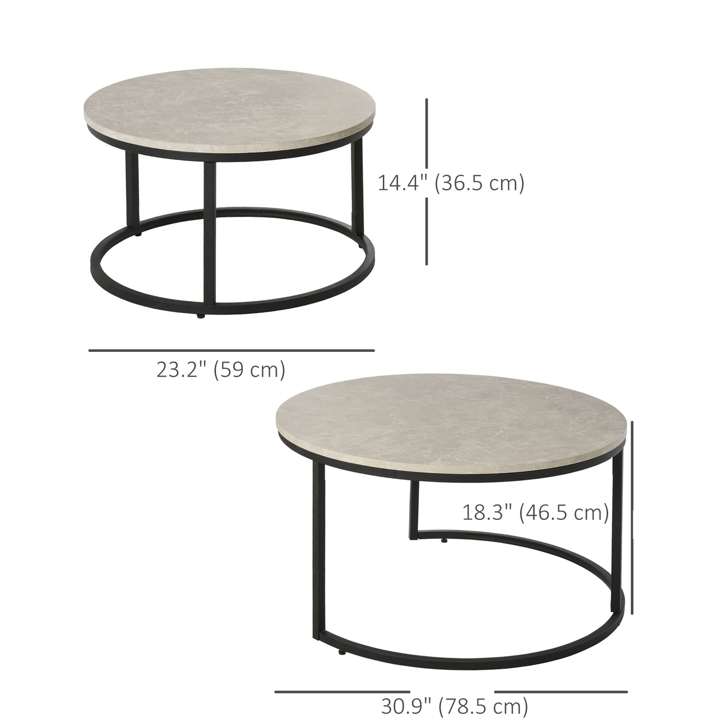 Lot de 2 tables basses modernes avec base en métal pour salon, gris ciment