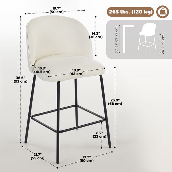 Set of 2 counter-height bar stools upholstered in linen with backrest, footrest and steel legs, cream white