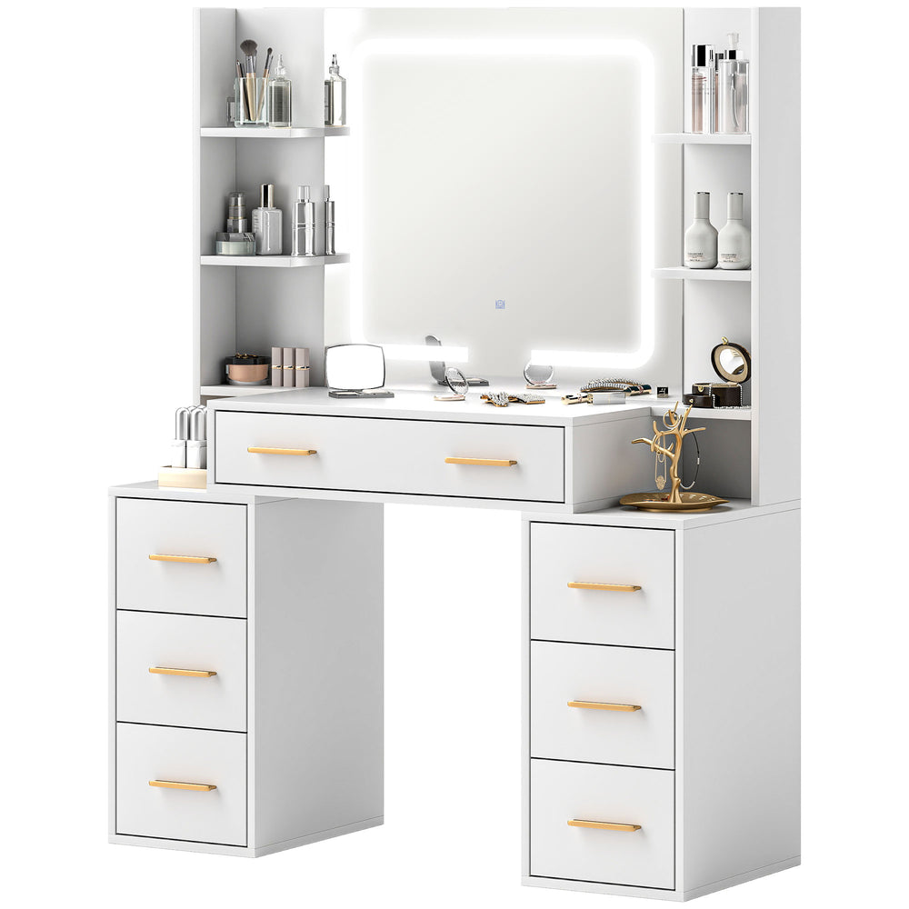 Coiffeuse avec miroir et éclairage, 7 tiroirs et 8 étagères, blanche