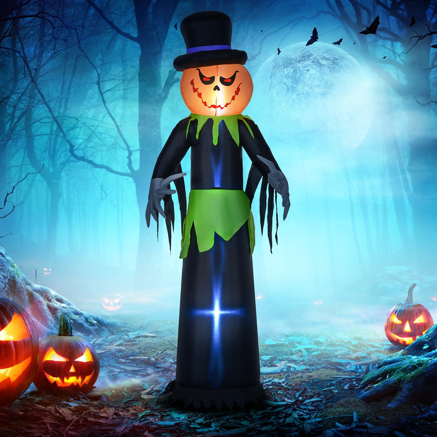 Gonflable tête de citrouille fantôme de 2.4m avec chapeau, décoration gonflable d'extérieur avec lumières LED