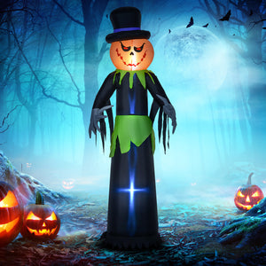 Gonflable tête de citrouille fantôme de 2.4m avec chapeau, décoration gonflable d'extérieur avec lumières LED