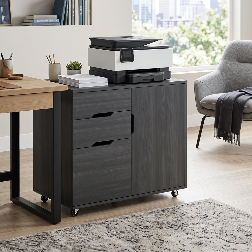 Classeur mobile effet bois noir avec tiroir pour dossiers et rangement ajustable, gris foncé