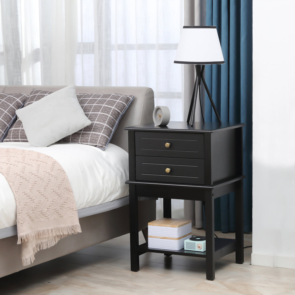 Table d'appoint moderne avec tiroirs et étagère de rangement, noire mat