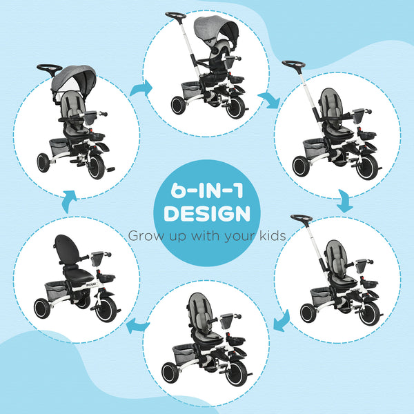 Tricycle 6 en 1 pour tout-petits de 12 à 50 mois, pliable, avec siège réglable, harnais de sécurité, auvent amovible, repose-pieds, gris