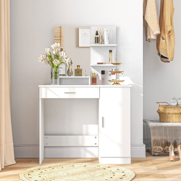Coiffeuse avec miroir,  tiroir et compartiment ouvert, blanc