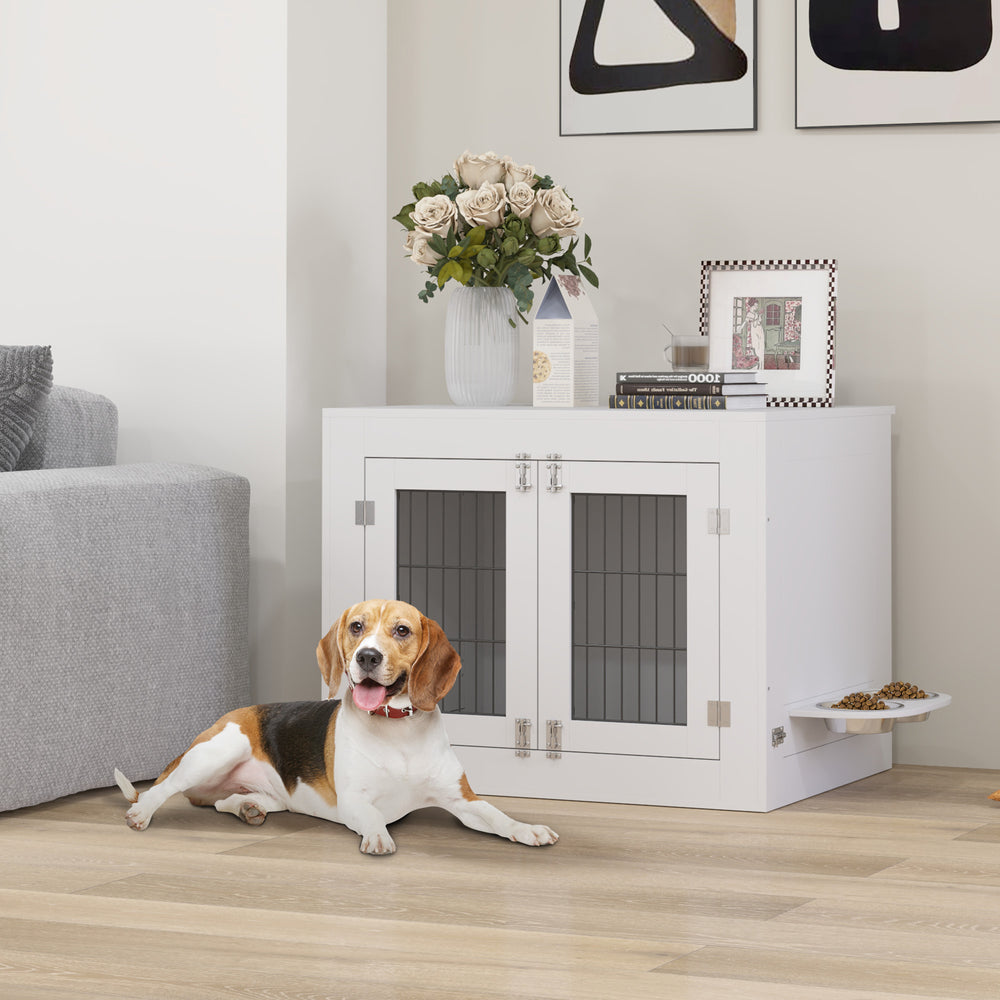 Dog crate furniture with removable bowls and two doors, white
