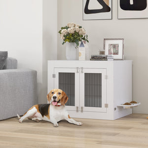 Meuble cage pour chien avec gamelles amovibles et deux portes, blanc