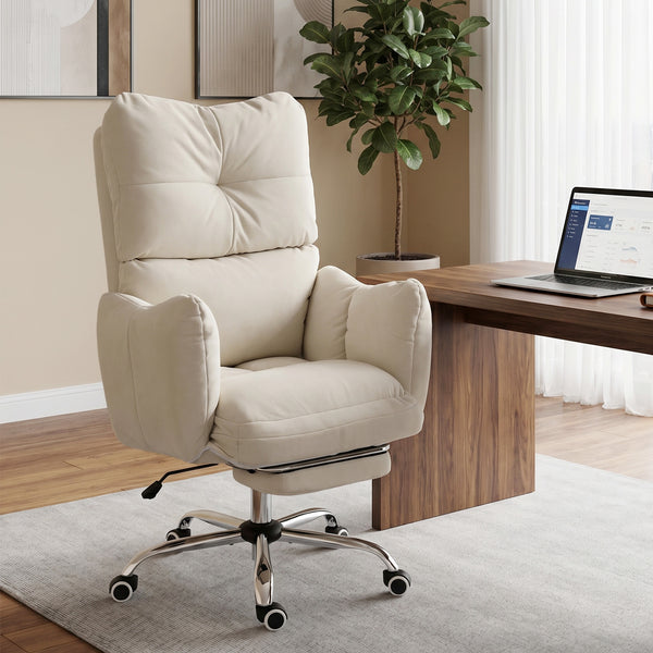 Office Chair with Foot Rest, Ergonomic Reclining Computer Gaming Chair with Snow Flannel Fabric, Thick Cushion, Cream
