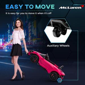 McLaren 765LT 12 V, sous licence, avec portes en ciseaux, roues de transport, télécommande, démarrage lent et klaxon musical, rose