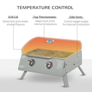 2 Burner Propane Gas Grill, Portable Tabletop BBQ with Foldable Legs, Lid, for Camping, Picnic, Silver
