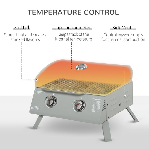 2 Burner Propane Gas Grill, Portable Tabletop BBQ with Foldable Legs, Lid, for Camping, Picnic, Silver