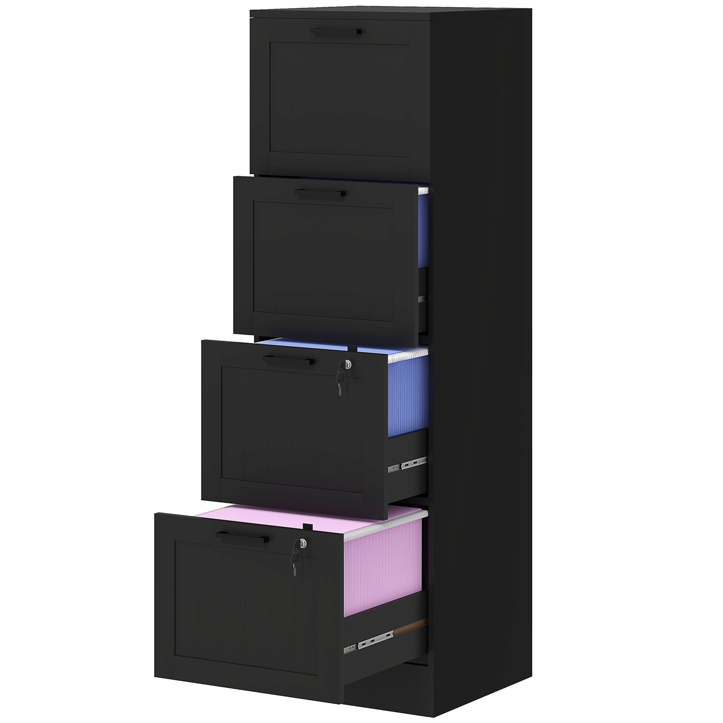 Classeur HOMCOM 4 tiroirs avec serrure, armoire de rangement de bureau avec barres de suspension réglables pour dossiers format A4, noir