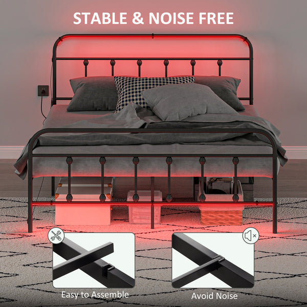 Cadre de lit Queen Size avec éclairage LED et station de charge, noir