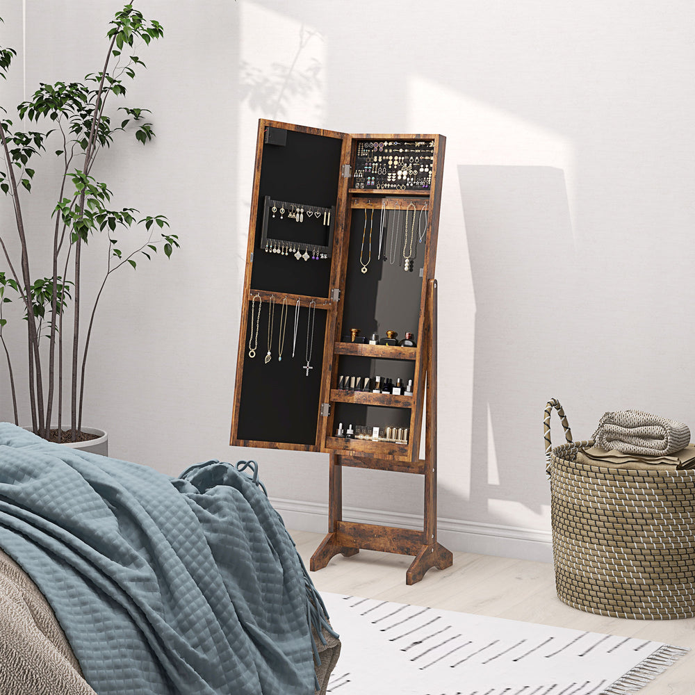 Armoire à bijoux autoportante avec miroir éclairé, angle réglable et 16 LED, couleur marron rustique