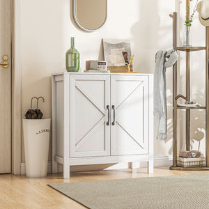 Buffet de cuisine avec porte coulissante de style grange et étagères réglables, aspect bois blanc.