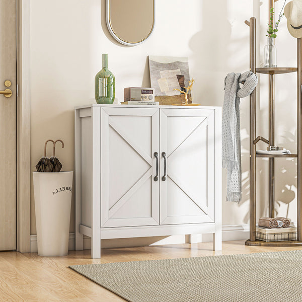 Buffet de cuisine avec porte coulissante de style grange et étagères réglables, aspect bois blanc.