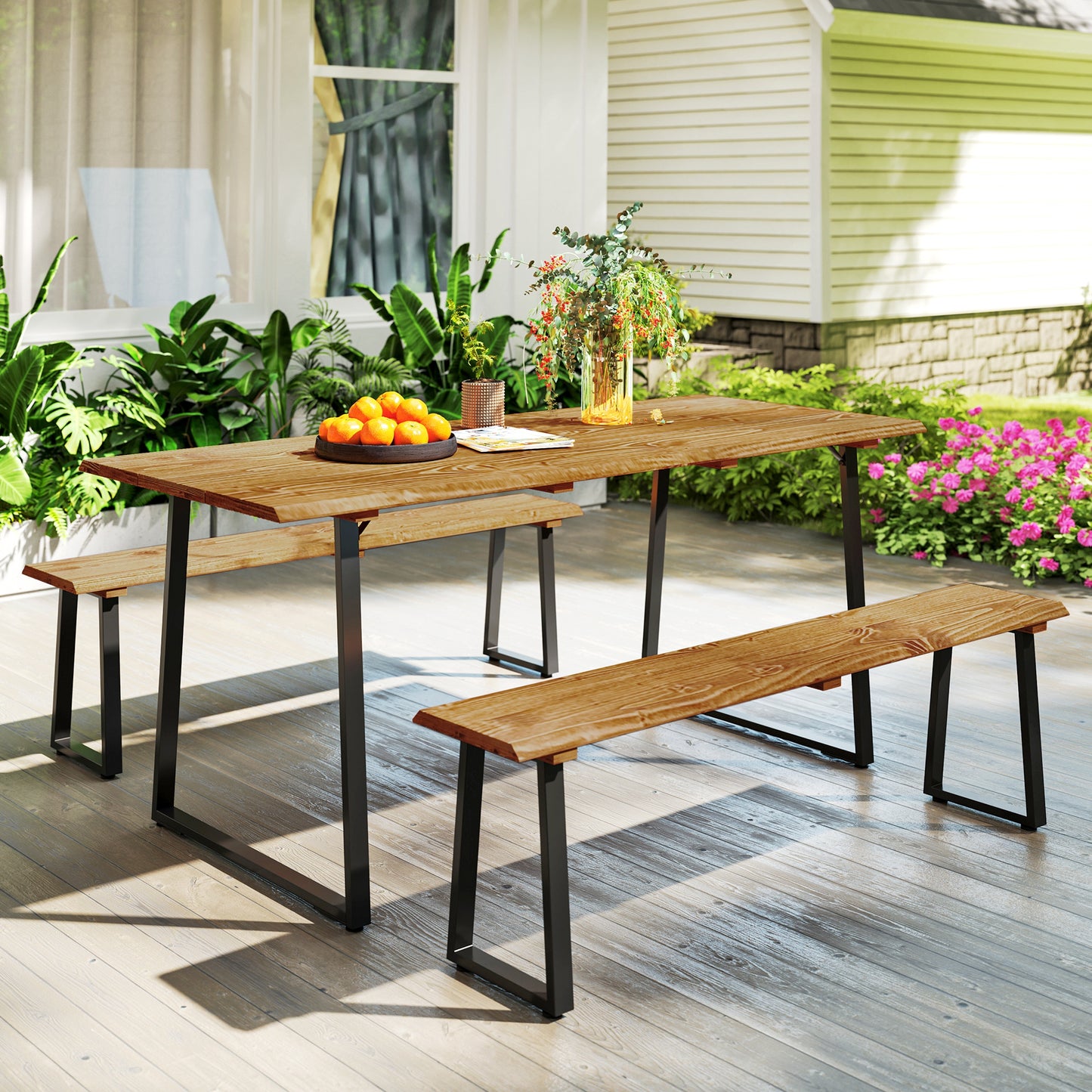 Ensemble table et banc de pique-nique pour 6 personnes avec trou pour parasol de 5 cm, plateau à lattes et structure en acier