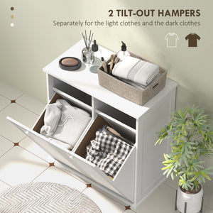 Armoire panier à linge basculant avec 2 paniers et 2 portes persiennes, blanc
