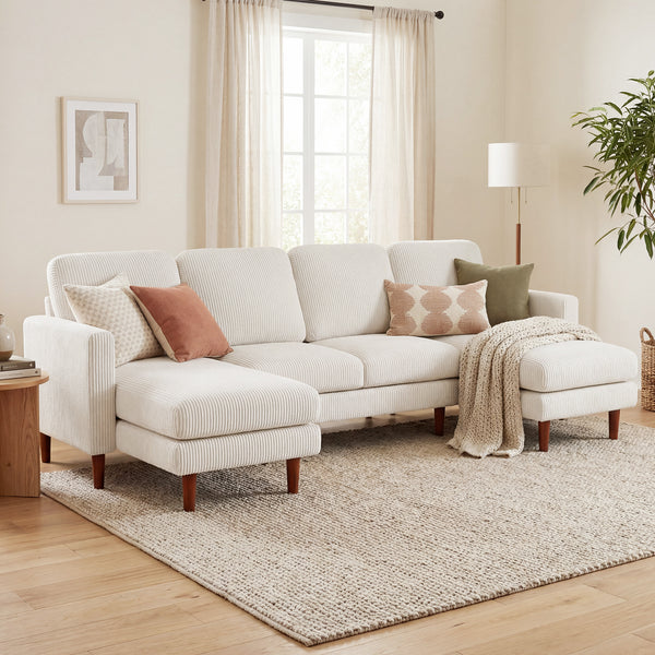 Sectional Sofa, Corduroy U Shaped Couch with Double Chaise and Spring Cushions, 2200lb Capacity, Beige