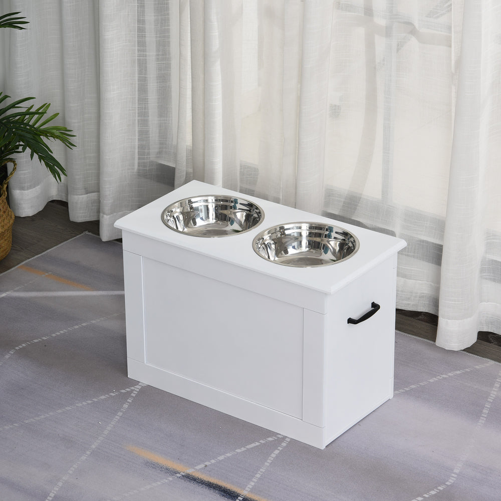 Raised bowls with storage, 2 stainless steel bowls, white