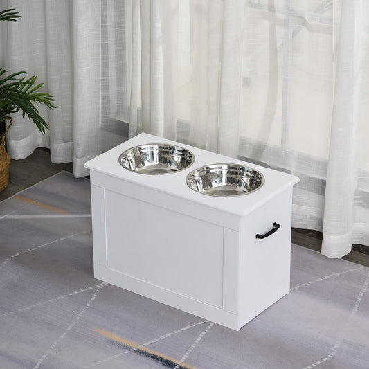 Gamelles surélevées avec rangement, 2 gamelles en acier inoxydable, blanc