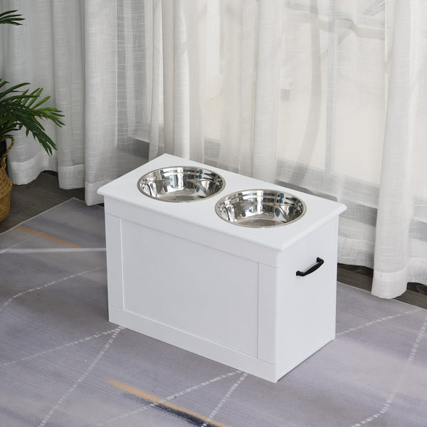 Raised bowls with storage, 2 stainless steel bowls, white