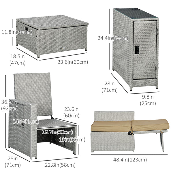 5PC Wicker Patio Lounger, Outdoor PE Rattan 5-level Adjustable Recliner Sofa Bed with Storage Side Table and Footstools, for Patio, Garden, Poolside, Khaki