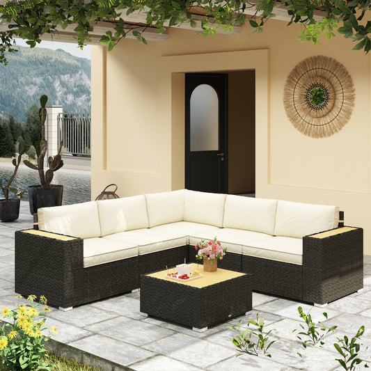 Outsunny 6 Piece Rattan Garden Furniture Set with Corner Sofa, Coffee Table, Wood and Plastic, Light Khaki 