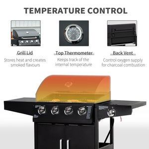 4+1 Burner Liquid Propane Gas Grill Outdoor Cabinet Style BBQ Trolley w/ Side Burner, Warming Rack, Side Shelf, Storage Cabinet, Thermometer, 4 Wheels, Carbon Steel, Black