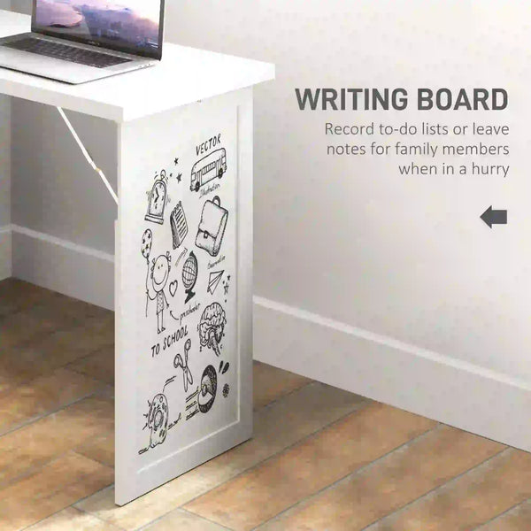 Bureau convertible pliable avec tableau blanc et étagère latérale, blanc