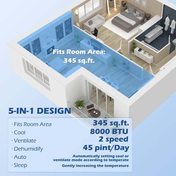 Climatiseur mobile de 8 000 BTU, 345 pi² (32 m²), déshumidificateur, ventilateur, mode veille automatique, minuterie 24 h marche/arrêt, kit fenêtre, blanc