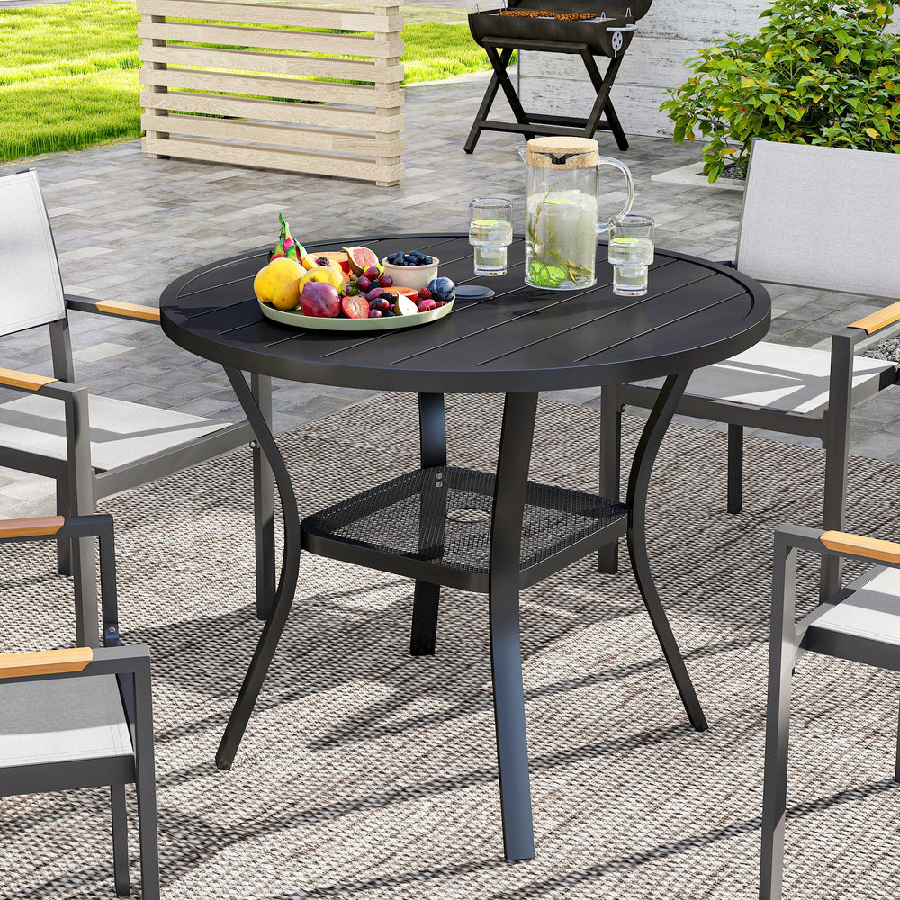 35.5" Round Outdoor Dining Table for 4, Metal Garden Patio Table with 1.6"-2" Umbrella Hole, Shelf, Slatted Top, Black