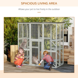 Large outdoor cat enclosure weatherproof with asphalt roof with 6 balanced platforms, 180 x 100 x 180 cm, grey
